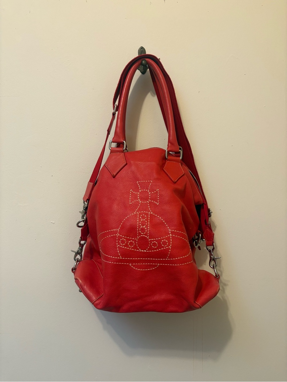 Vivienne Westwood Red Leather Shoulder Bag with Orb Stitching